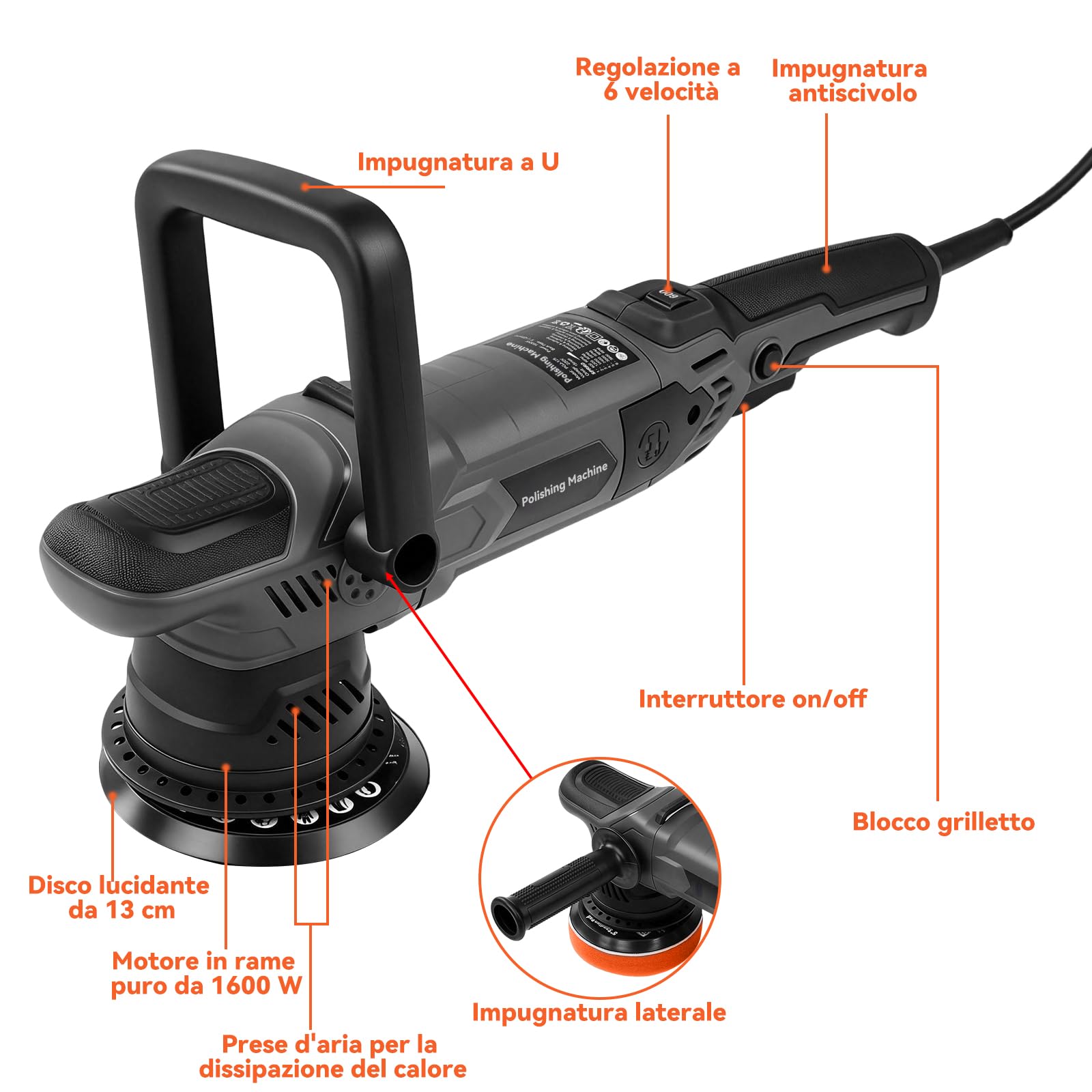 Lucidatrice Rotorbitale Auto, 1500W 15mm Lucidatrice Eccentrica Per Auto Lucidatura E Cera Con 6 Velocità Variabili Da 600-3600rpm, Kit Lucidatura Auto Elettrica Con 2 Impugnatura, 150mm Piastra