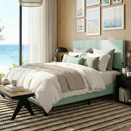 SHA CERLIN Base de cama de plataforma de tamaño matrimonial con cabecera ajustable y soporte de listones de madera, base de colchón tapizada Boucle,