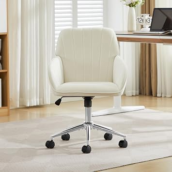 YITAI Velvet Office Desk Chair with Wheels and Silver Base,Modern Height Adjustable 360 Degree Swivel Upholstered Vanity Chairs with Arms for Living Room Bedroom, Study,White