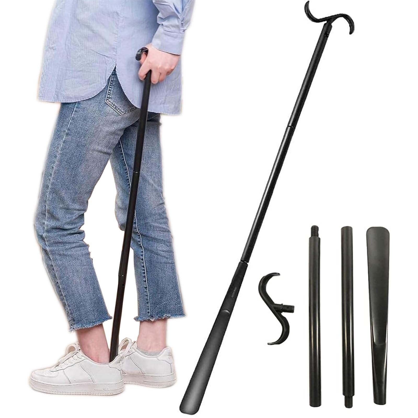 Fanwer Bastone lungo 90,2 cm, calzascarpe con manico lungo per anziani, strumento di rimozione dei calzini, regolabile, per disabili e problemi alla schiena