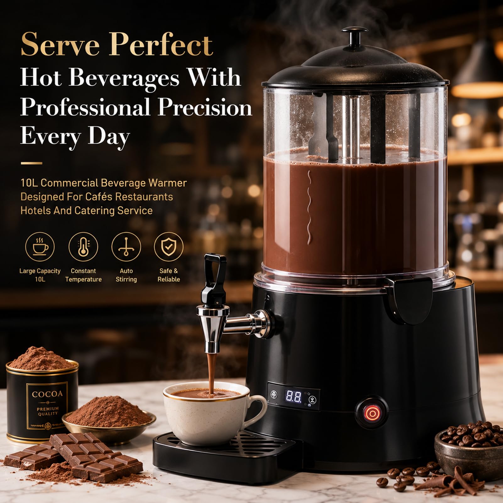 10L/2,6Gal Machine à Chocolat Chaud, 400W Machines à Faire Fondre Le Chocolat Chaud, Distributeur Commercial de Boissons Chaudes, Contrôle de Température 30-90℃ pour Cacao, Lait, Café
