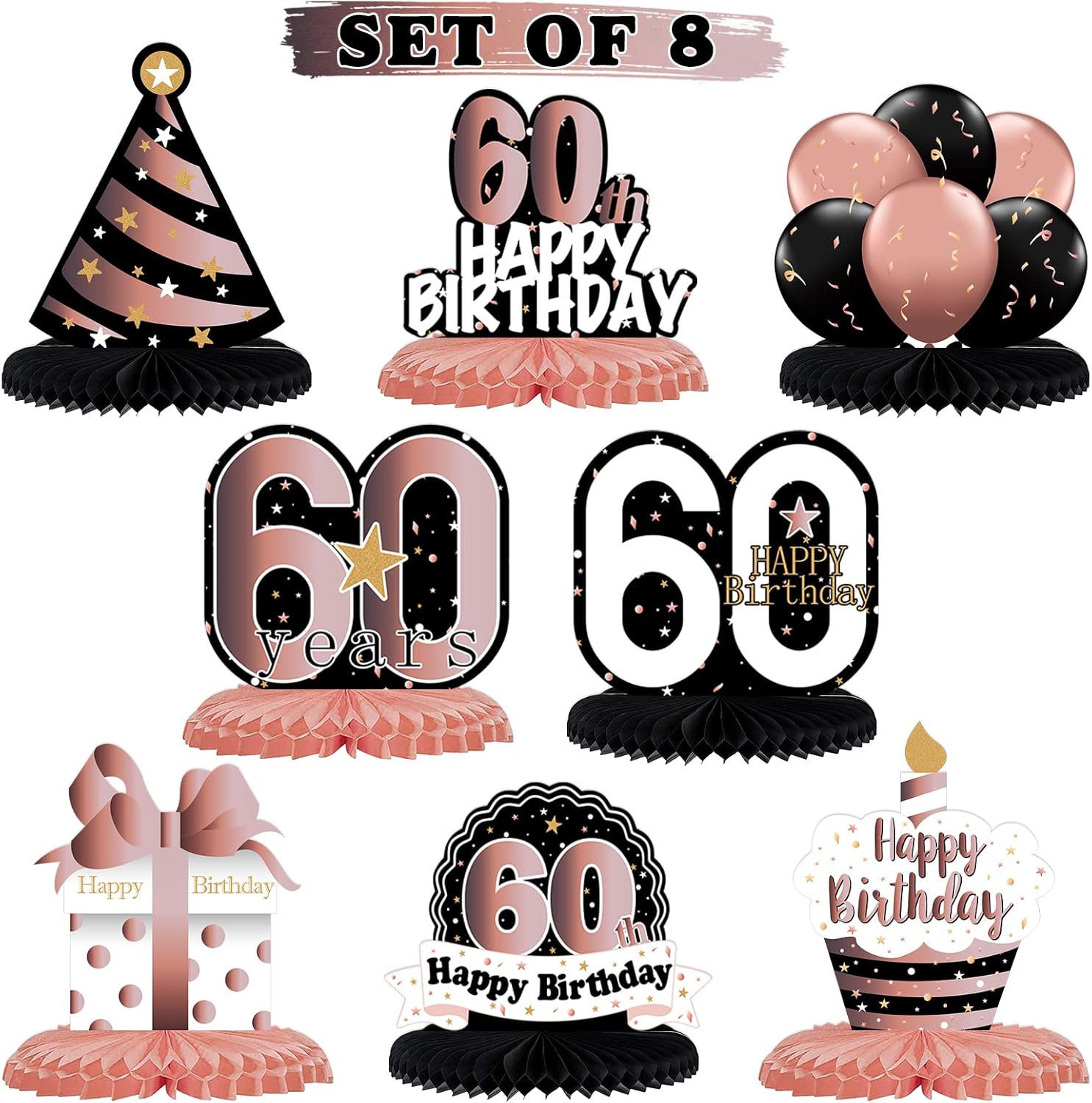 Happy 60th Birthday ローズゴールド テーブルハニカムセンターピース 60歳の誕生日に乾杯 パーティーテーブルデコ