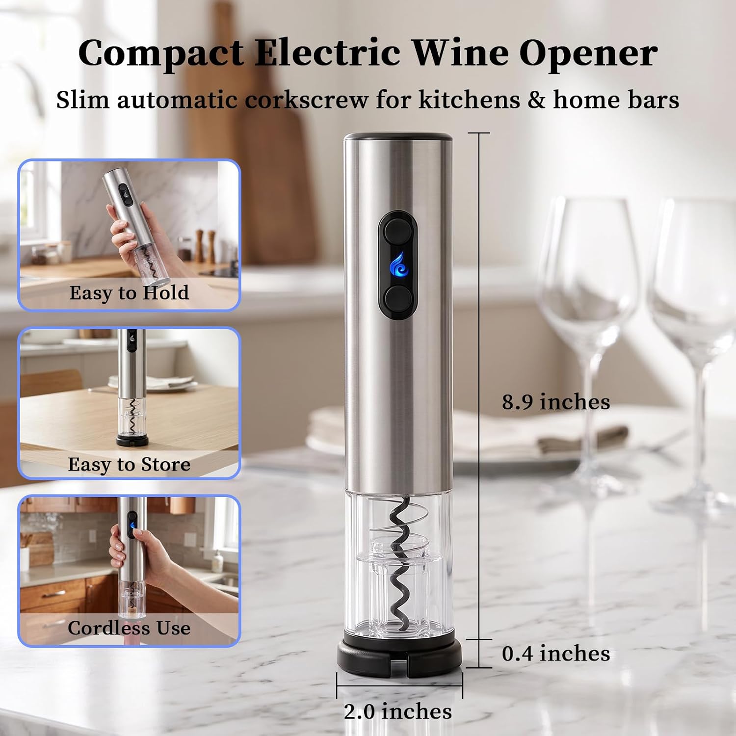 Electric Wine Opener with Foil Cutter, Automatic Wine Bottle Opener, Battery Operated(Not Included), Cordless Use, Stainless Steel Body, Silver
