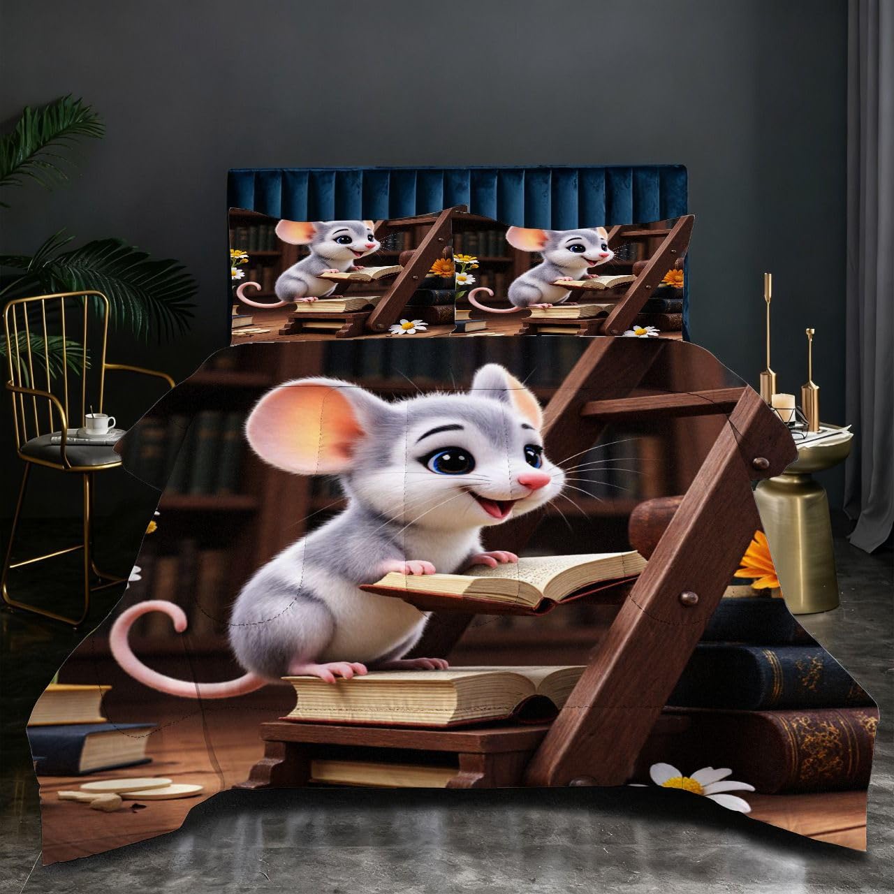 Couette 160x200 cm souris animée et 2 taies 65x65 en coton léger