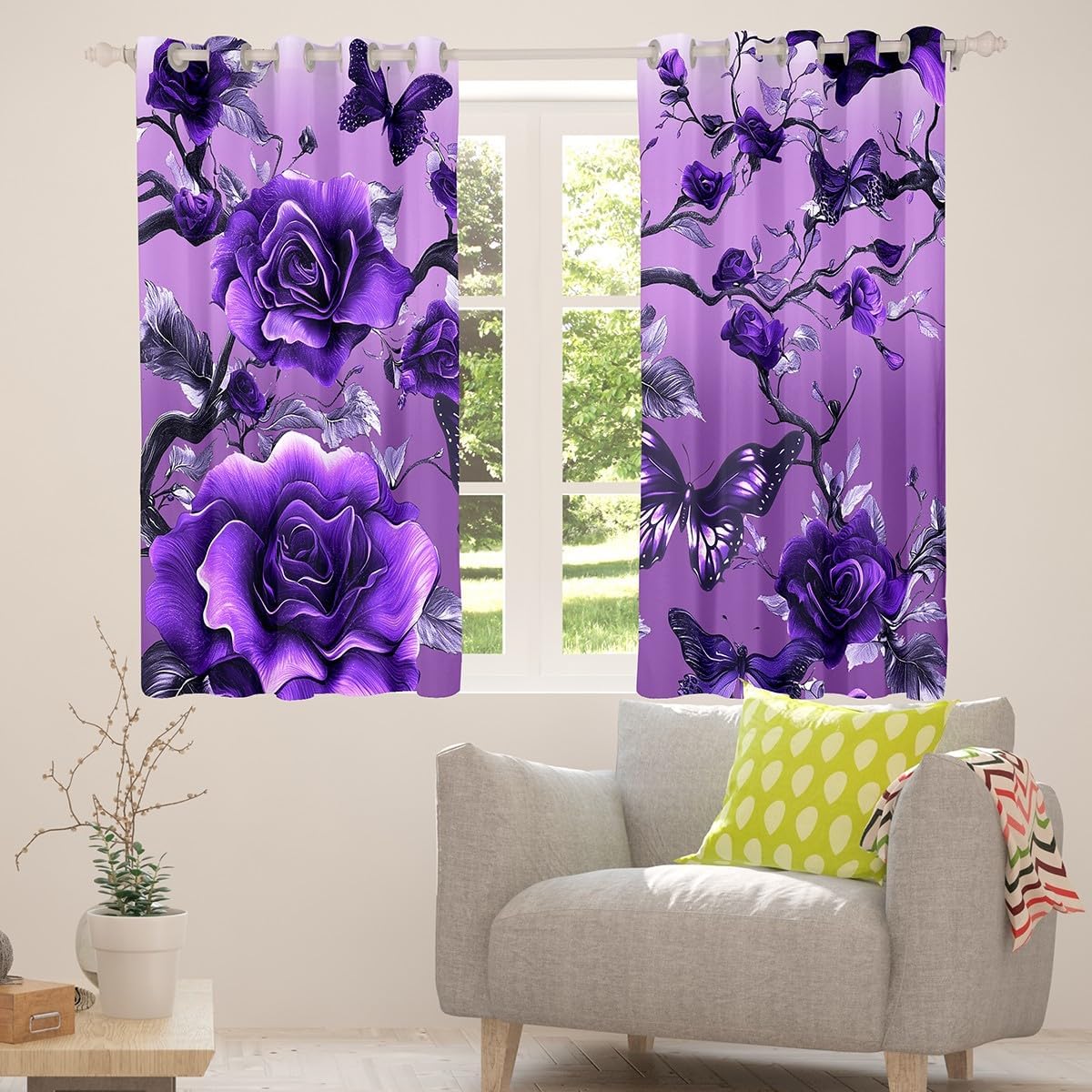 Purple Butterfly Curtains for Living Room,Botanical Branch Floral Window Drapes Bedroom Blackout 30%-50%,Rose Flowers Flying Animals Window Treatment Grommet Top 2 Panels Decor,38Wx45L