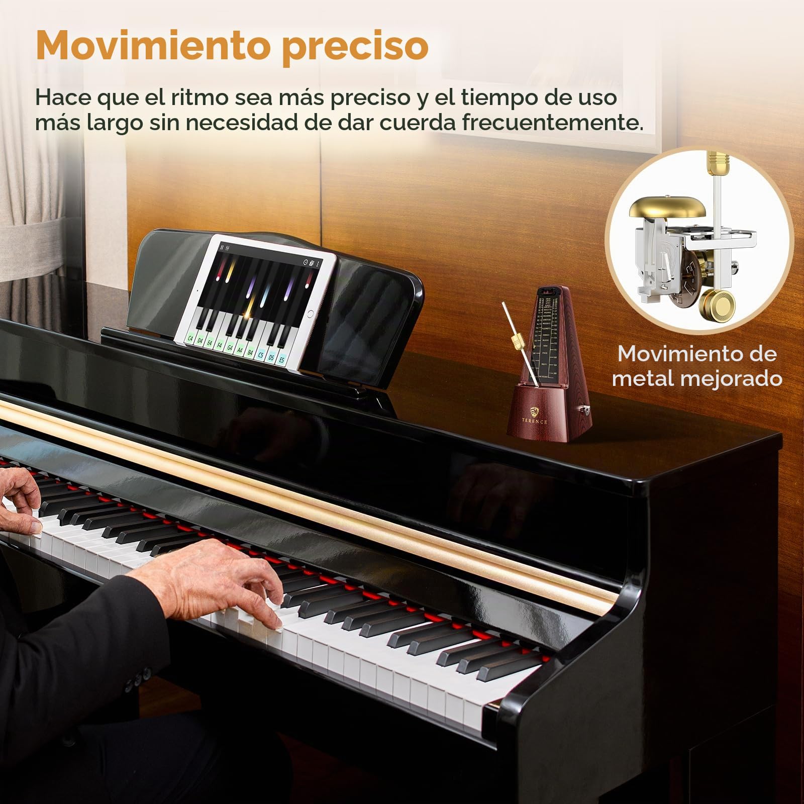 Metrónomo mecánico TERENCE, metrónomo de alta precisión, sonido fuerte, adecuado para piano, violín, teclado, bajo, guitarra, tambor Guzheng, adultos, niños, principiantes, profesionales,color nogal