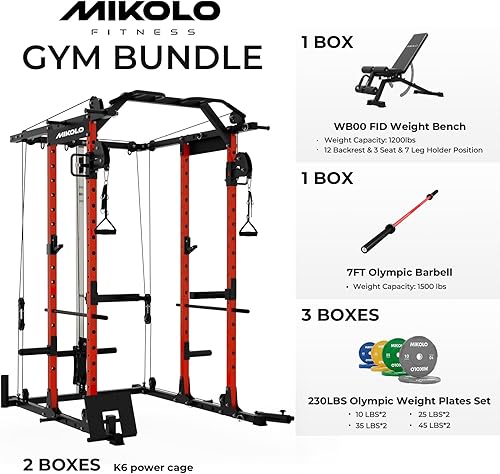 Miniatura 2 de Mikolo Jaula de Potencia, Rack de Potencia con Sistema de Cruce de Cables, 1500LBS Rack para Sentadillas con Sistema de Jalón LAT, Jaula