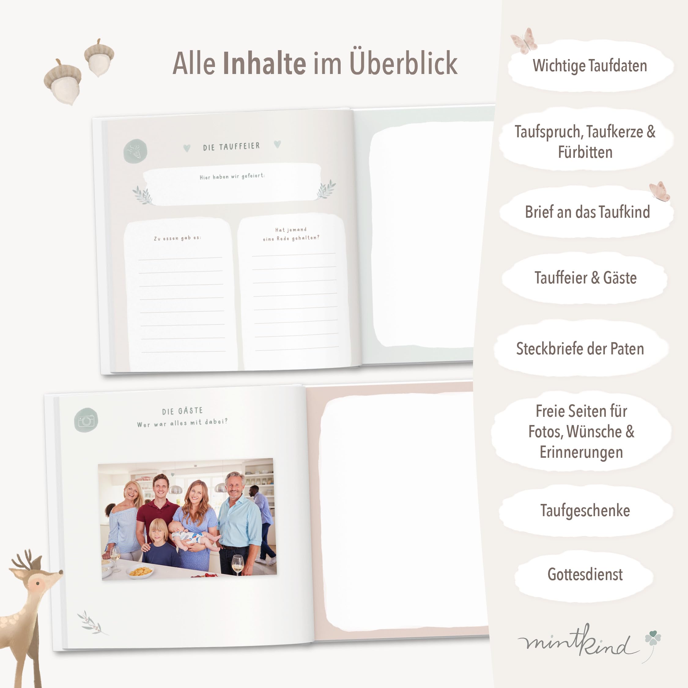 mintkind® Taufbuch Baby Meine Taufe Ausfüllbuch und Gästebuch zur Taufe salbeigrünes Pattern Design mit Platz für Fotos Wünsche und Erinnerungen 60 Seiten Hardcover Erinnerungsalbum für Kinder