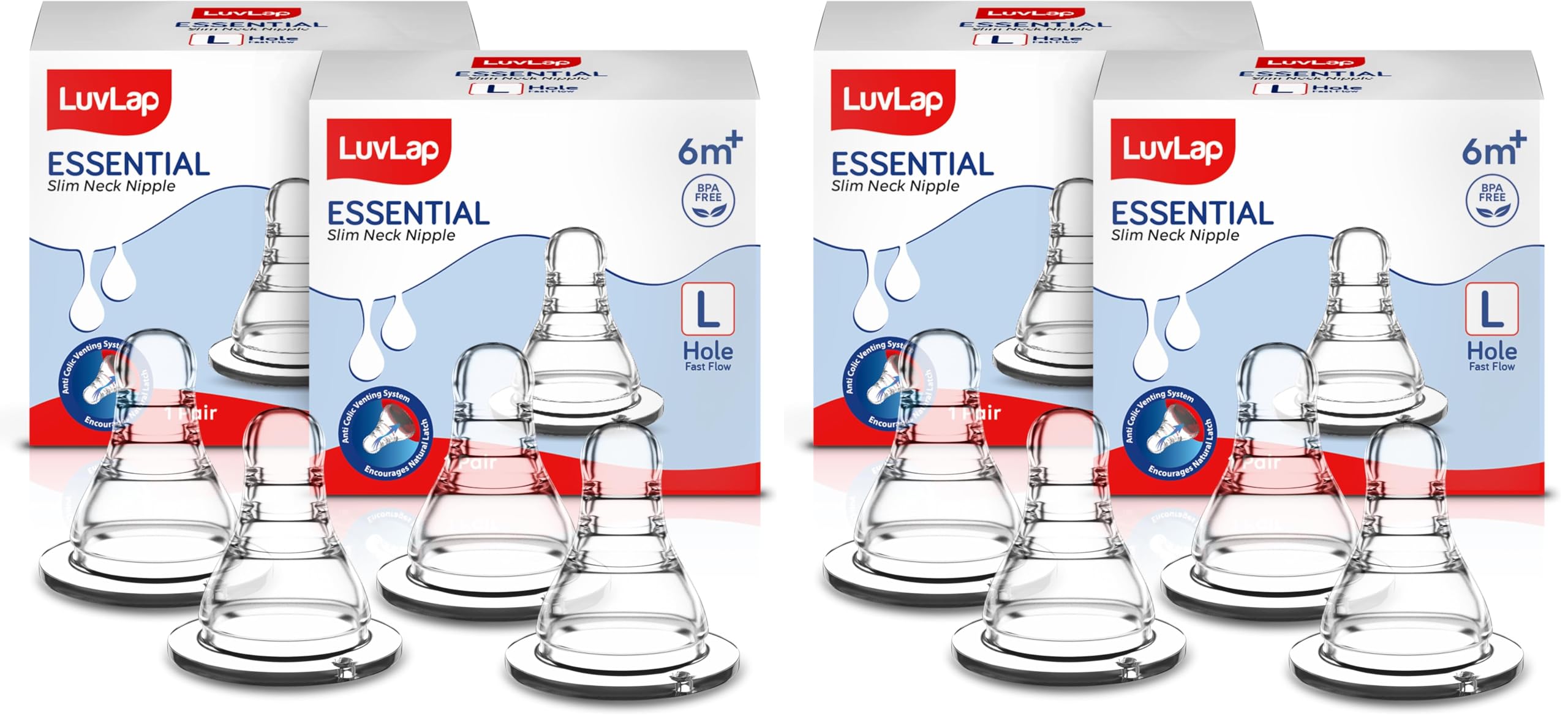 LuvLap Anti-Colic Essential Teat/Nipple for Slim Neck Bottle,4pcs Fast Flow, 6m+, Made of Soft & Flexible Silicone, Ergonomic Shape, Mimics Breastfeeding, Leak Proof, BPA Free, Comes with Sturdy Base-image-11