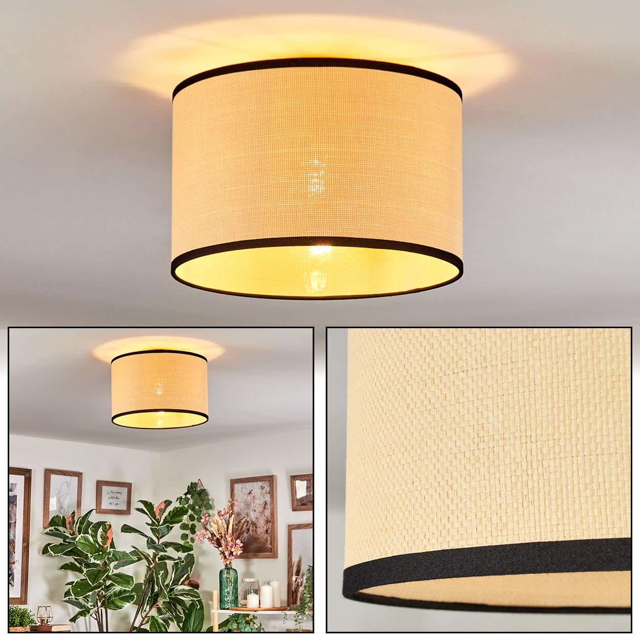 HOFSTEIN Lámpara de techo Chellas, lámpara de techo de metal/papel trenzado/tela en color negro/natural, lámpara de diseño bohemio moderno (diámetro 35 cm), E27, comedor, salón, dormitorio, cocina