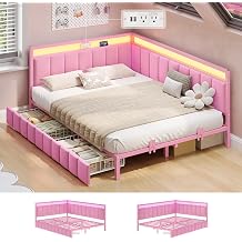 Hasuit Corner Bed Frame with Storage Drawers, Full Size Daybed with Line Fabric Upholstered Fence, Kids Bed Unit with LED Lights and Charging Station, Modern Full Bed Frame with Headboard, Pink