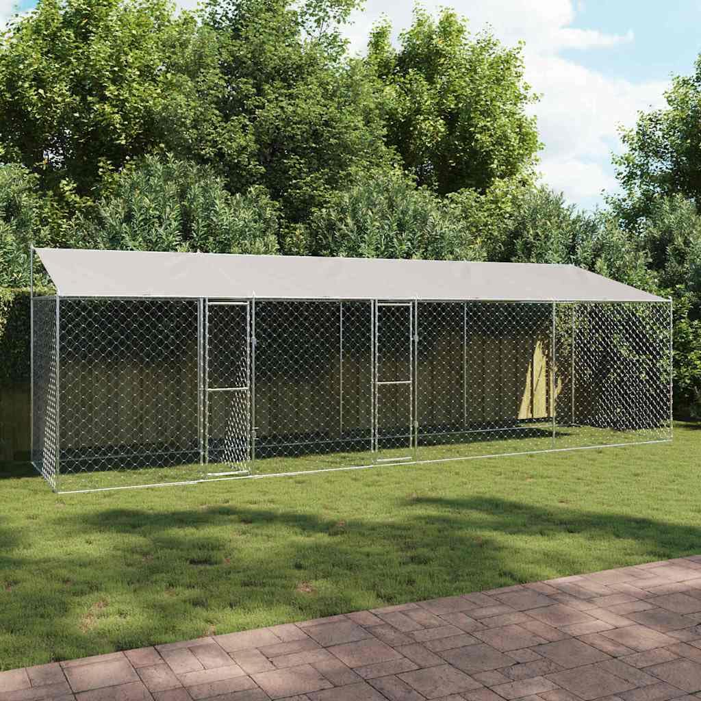 Gabbia per cani con tetto argentato, 800 x 200 x 256 cm, in acciaio e PE, resistente alle intemperie, a prova di esplosione, adatta per esterni, con porta richiudibile, spaziosa, durevole