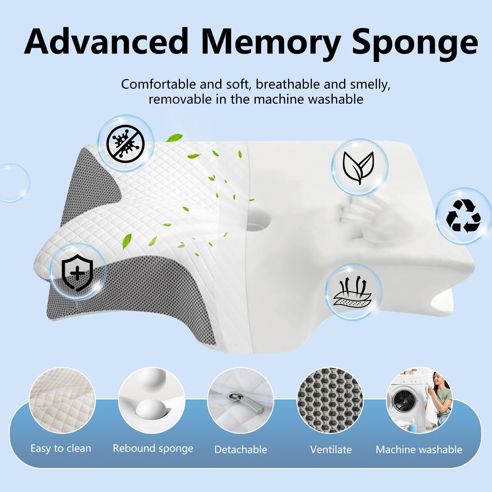 JINER Cuscino Cervicale per Dormire, Cuscino Ortopedico in Memory Foam, Cuscino Ergonomico Cervicale per Dormire sul Fianco con Federa Sfoderabile e Lavabile, 62x37x10/12cm