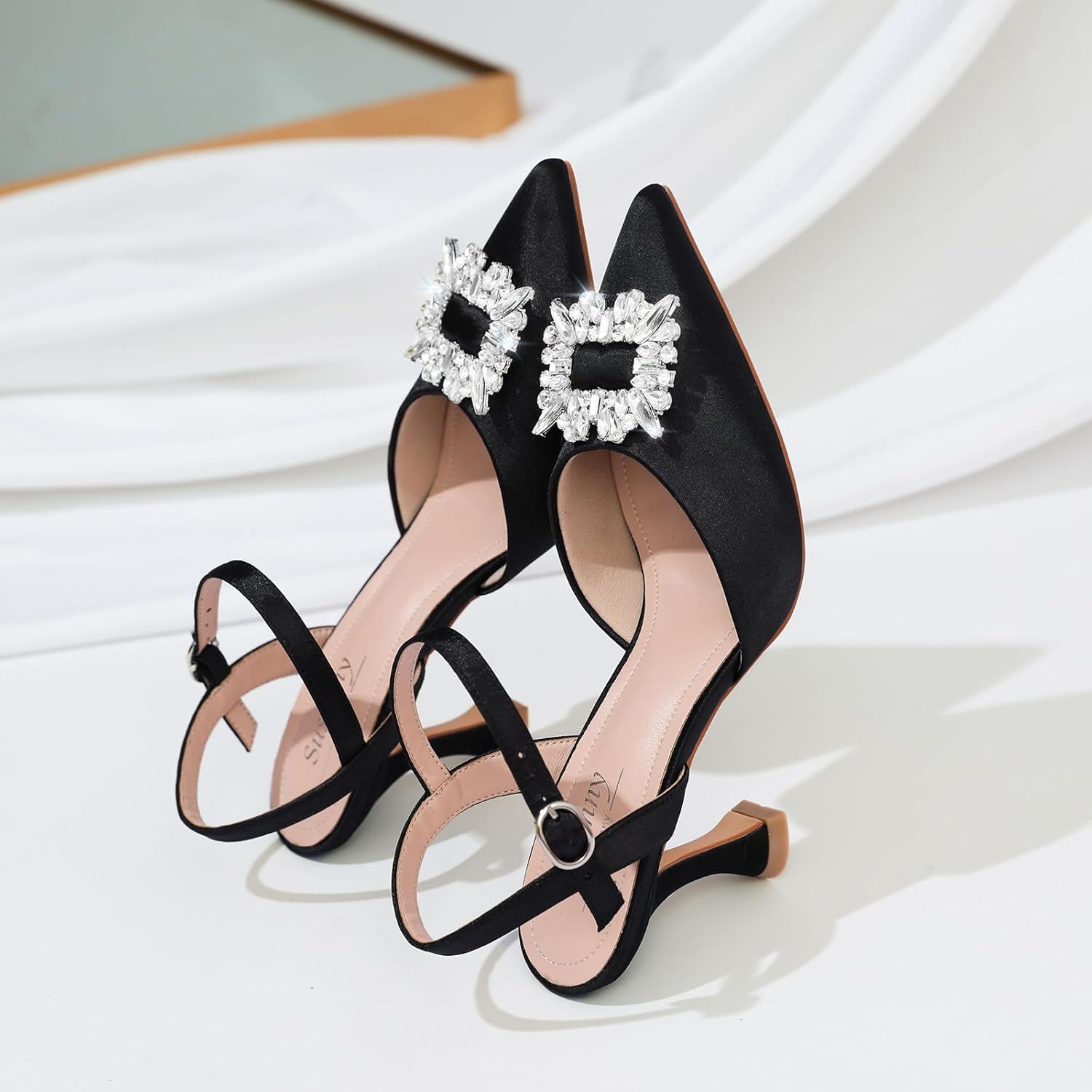 Susanny Women's Closed Toe Rhinstone Wedding Low Heel Slingback Clear Kitten Heels,Adjustable Strap Pointed Toe Bow Pumps High Heeled Prom Dress Shoes 8 Black-xmwfz image 8 of 9 B0CH9SXJ4D