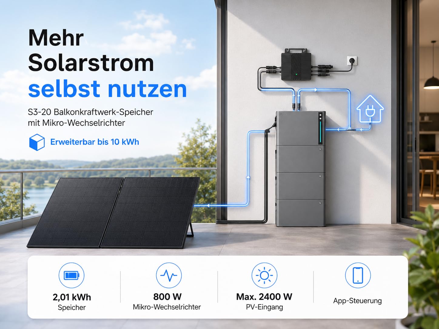 SAKETE Balkonkraftwerk 1000W mit Speicher, Solaranlage Komplettset mit 2 x 500W Full Black Solarmodulen, Elecway 800W Wechselrichter und 2,01kWh Akku