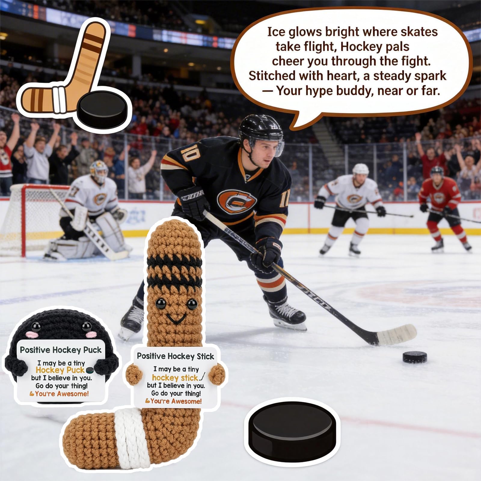 Positive Crochet Hockey Gift Set, Handmade Knitted Hockey Stick Puck with Card, Emotional Support Sports Gift for Teammates Men Women, Cute Cheer Up Birthday Gifts for Hockey Players