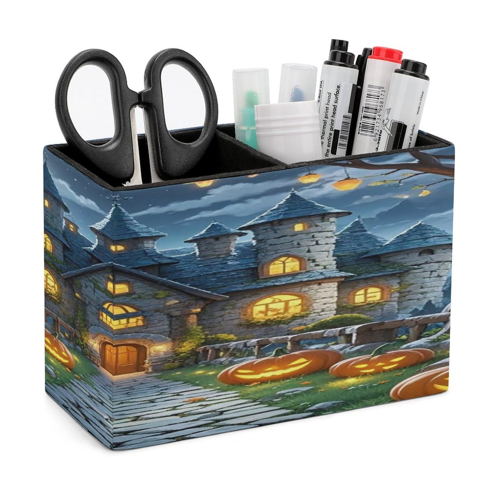 LZQPOEAS Moon Castle Leather Pen Holder with 2 Compartments Luxury Pencil Holder Minimalist Pencil Cup Brush Scissor Holders Elegant Pen Cup for Office Home Desk Accessories