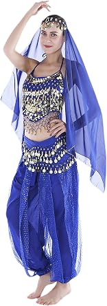 Seawhisper 12 Colors Belly Dance Halloween Carnival Costume Veil+Headchain+Top+Scarf+Pants