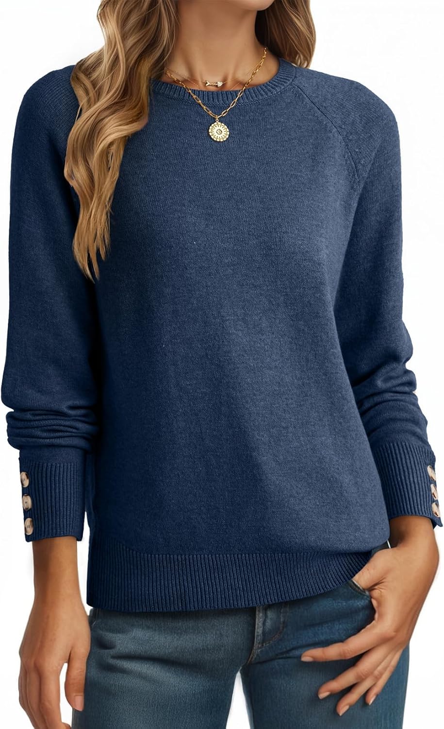 Dokotoo Womens Sweaters Casual Long Sleeve Fashion Crewneck Knit Solid Button Pullover Sweater Jumper Tops