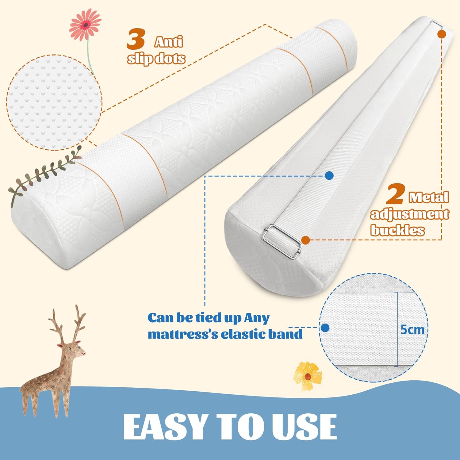 Asatdd Bed Rail for Toddlers with Adjustable Strap, Bed Guard Rail, Soft Memory Foam Toddler Bed Bumper for Twin, Full, Queen, King Beds with Washable Cover, 2 Pack