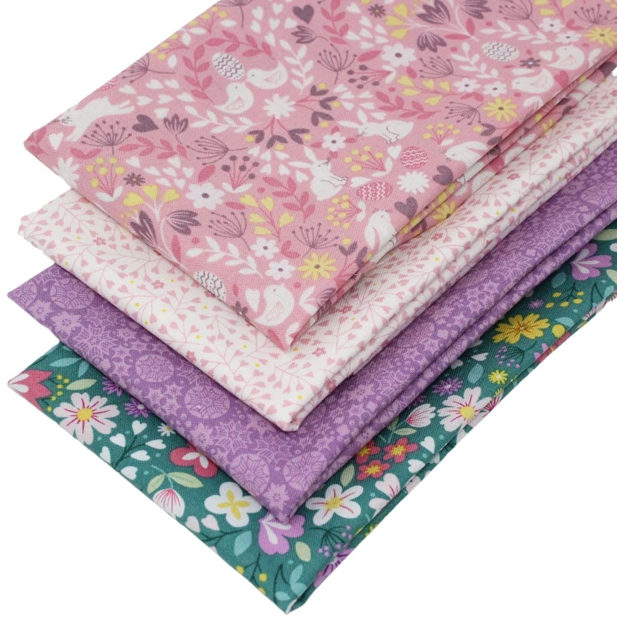 Overdale Fabrics Pink, Green, Mauve 4 Fat Quarters Bundle - 'Spring Chicken – Pink' Cute Fabrics Featuring Flowers, Chicks & Eggs. Ideal For Quilting, Patchwork & Crafting. 100% Cotton (Free Patchwork Pattern By Overdale Fabrics)