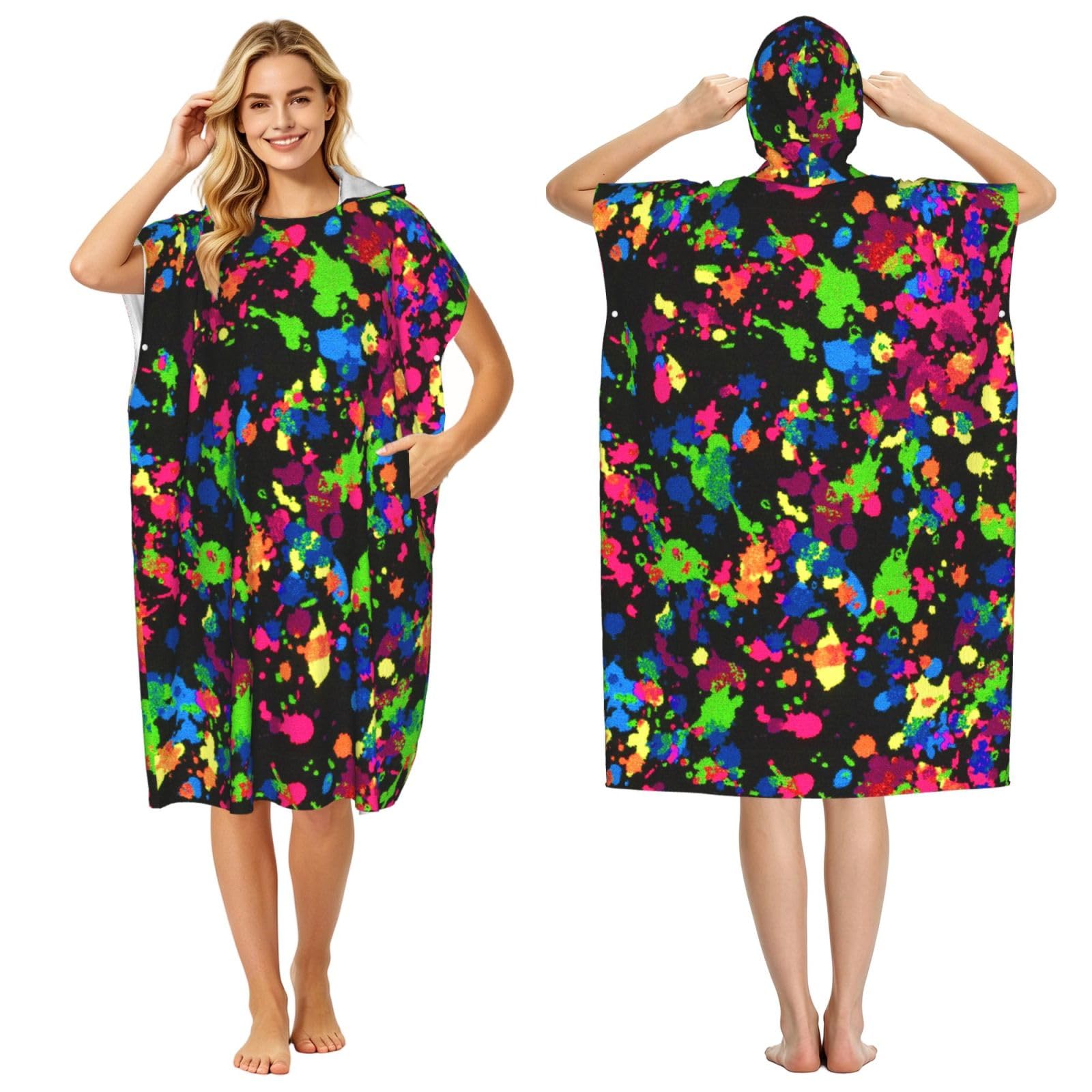 Poadnly Rainbow Of Neon Paint Splatters, Adult Hooded Beach Towel 90 x 110 cm,Changing Bath Robe, Surf Poncho Towel For Women Men