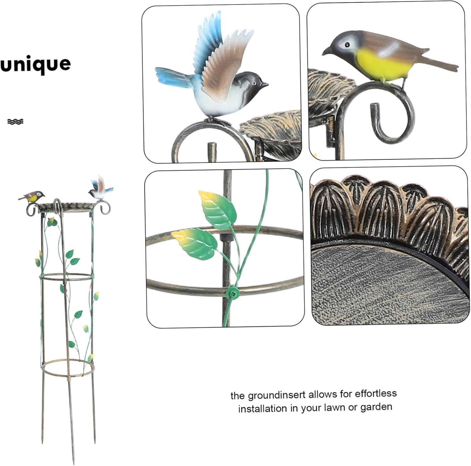 Decorative Bird Feeder Antique Bird Bath Bowl with Climbing Plant Trellis Support Stake Easy Installation for Garden Lawn Patio Enhancement