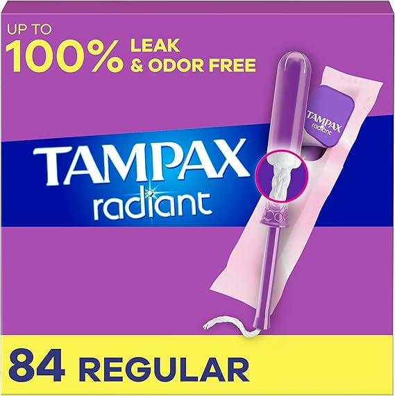 Tampax Radiant Tampons for Women, with LeakGuard Braid, Regular Absorbency, Unscented, 84 Count (3 Packs of 28)