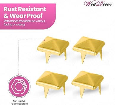 WedDecor 100pcs Square Pyramid Rivets 8mm Gold Punk Nail Head Studs Four-Jaw Studs Spikes Metal Leather Rivets for Decorating Belts, Bags, Shoes, Leathercrafts, Punk & Goth Fashion Accessories
