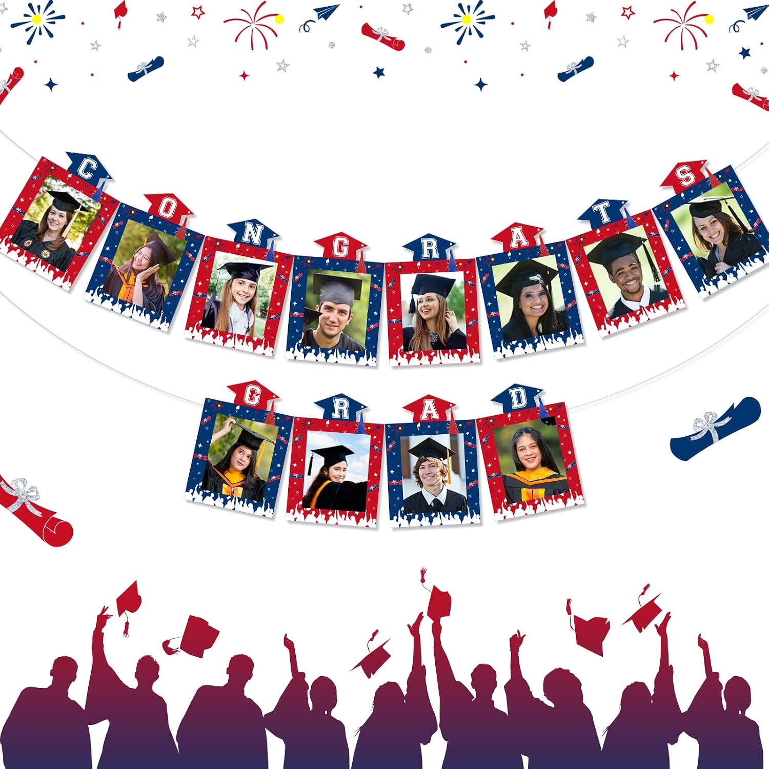 Jollyboom Graduation Photo Banner, Red White and Blue Graduation Decorations 2026 Congrats Grad Photo Banner Class of 2026 Decor for College High School College Party Decor