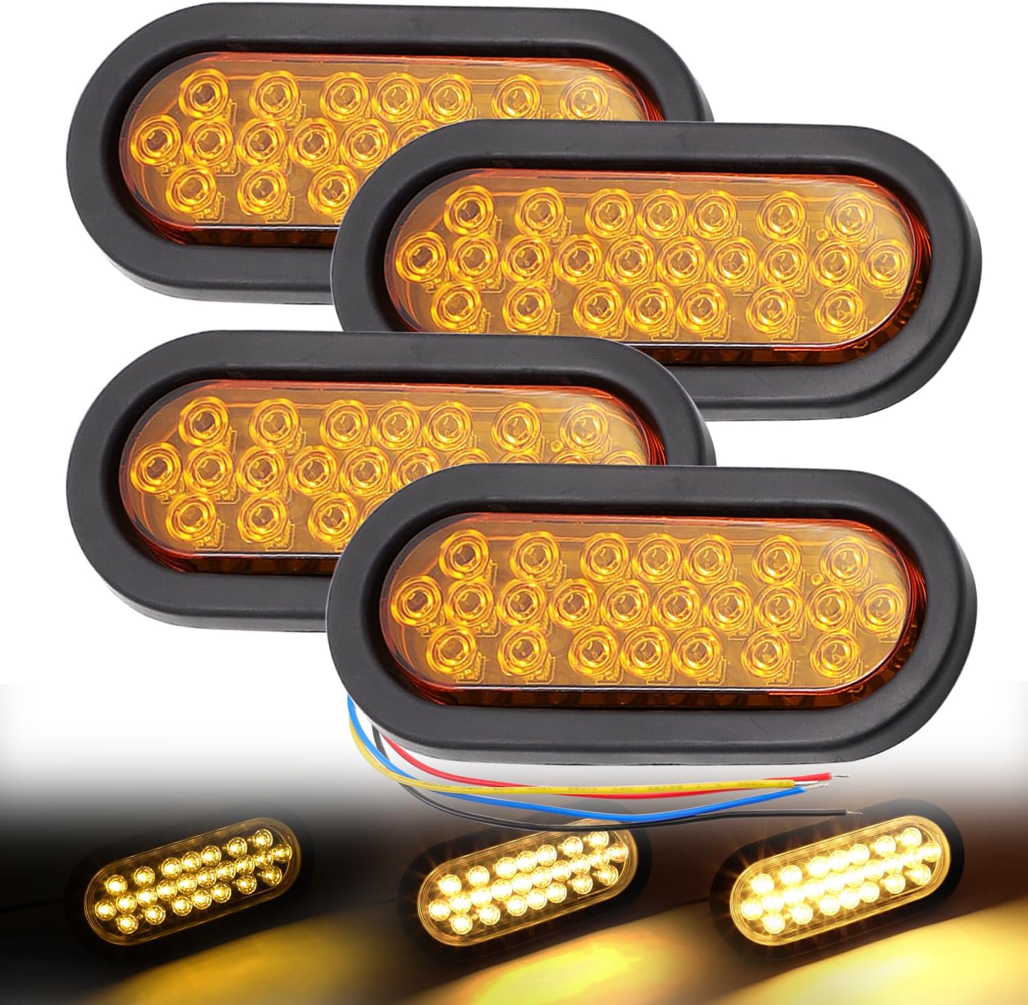 6" Amber Strobe Tail Lights – 4 Pack | 24 LED Oval Trailer Lights with Triple Flash Patterns | Flush Mount Waterproof Brake Turn Stop Lights for Truck, RV, Bus, 12V DC