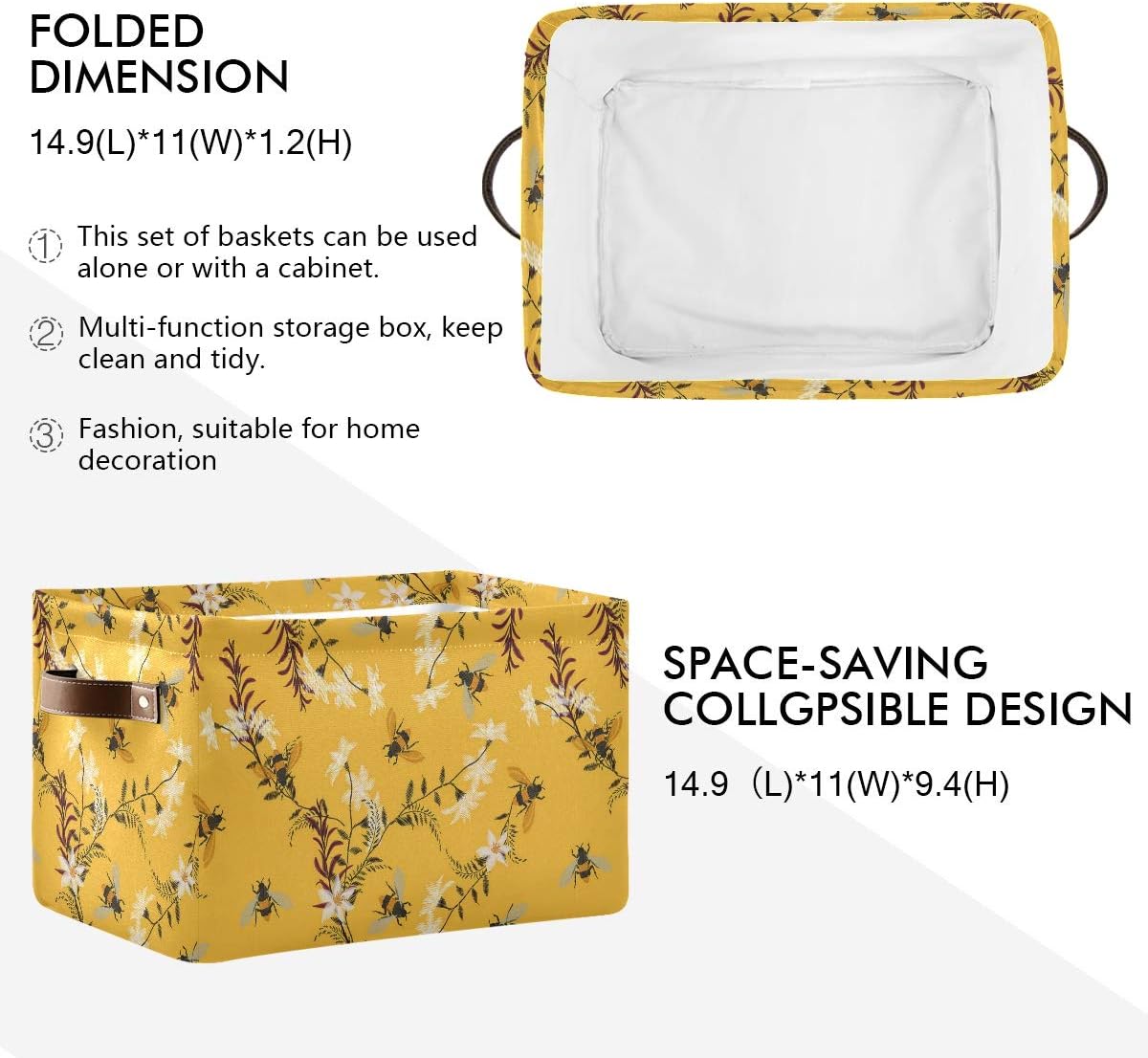 Storage Basket Cube Spring Honey Bee Flower Large Collapsible Toys Storage Box Bin Laundry Organizer for Closet Shelf Nursery Kids Bedroom,15x11x9.5 in,2 Pack