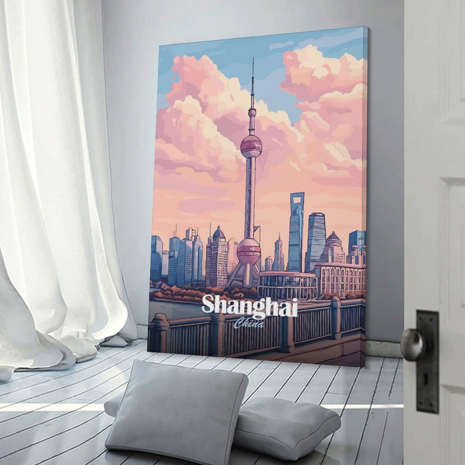 Junmoney Shanghai Skyline Illustration Wall Picture Print 12x18inch(30x45cm), for Lounge Decor, Offices Or Entryway Styling, A Flexible Wall Accent for Shared Spaces