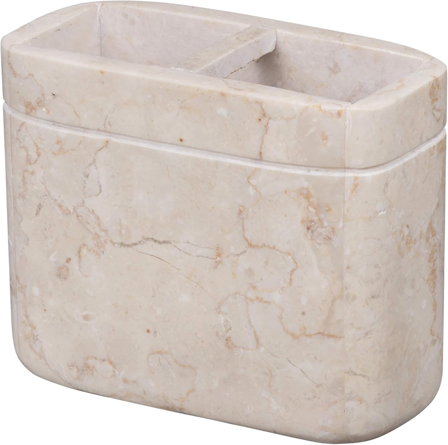 Creative Home Natural Champagne Marble Toothbrush Holder for Bathrooms, Rectangular Bathroom Countertop Organizer, Makeup Brush Holder, 5.5 x 2.6 x 4.5 Inch, Beige