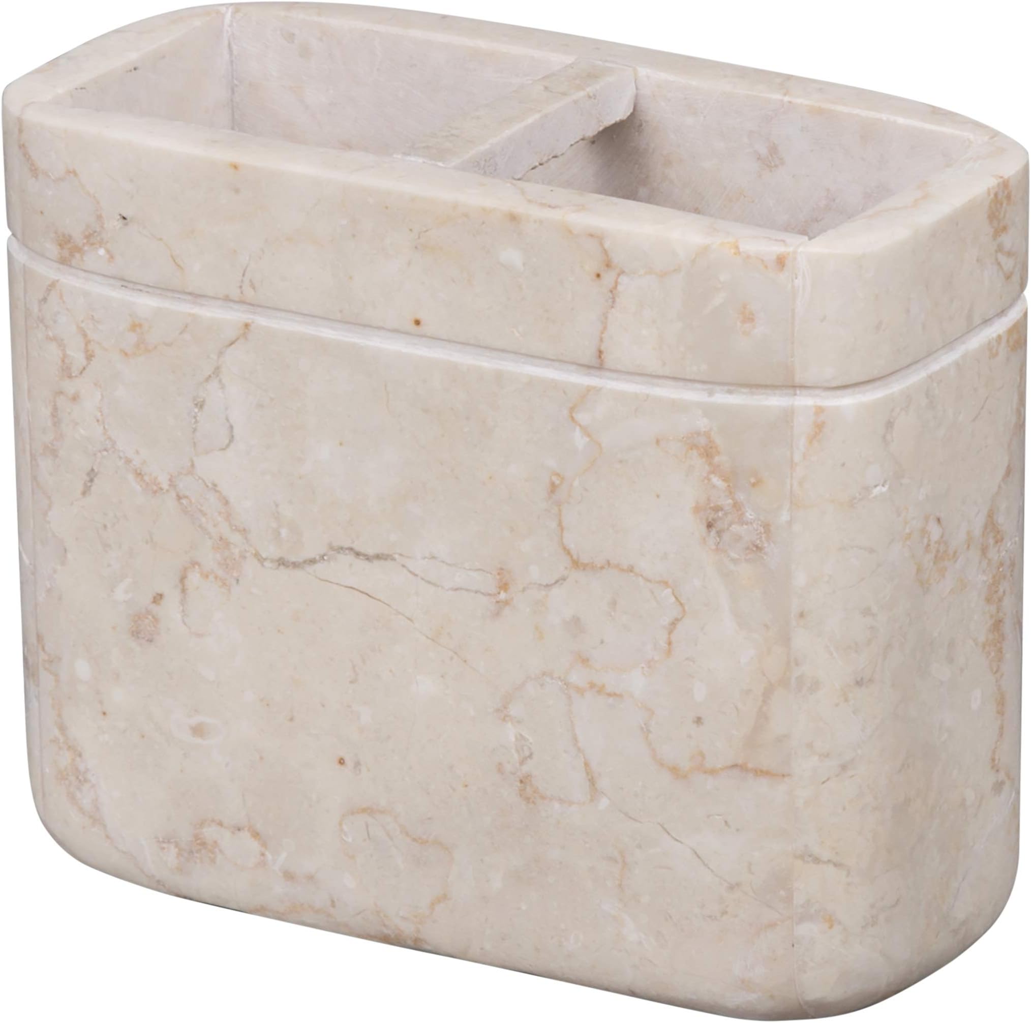Creative Home Natural Champagne Marble Toothbrush Holder for Bathrooms, Rectangular Bathroom Countertop Organizer, Makeup Brush Holder, 5.5 x 2.6 x 4.5 Inch, Beige