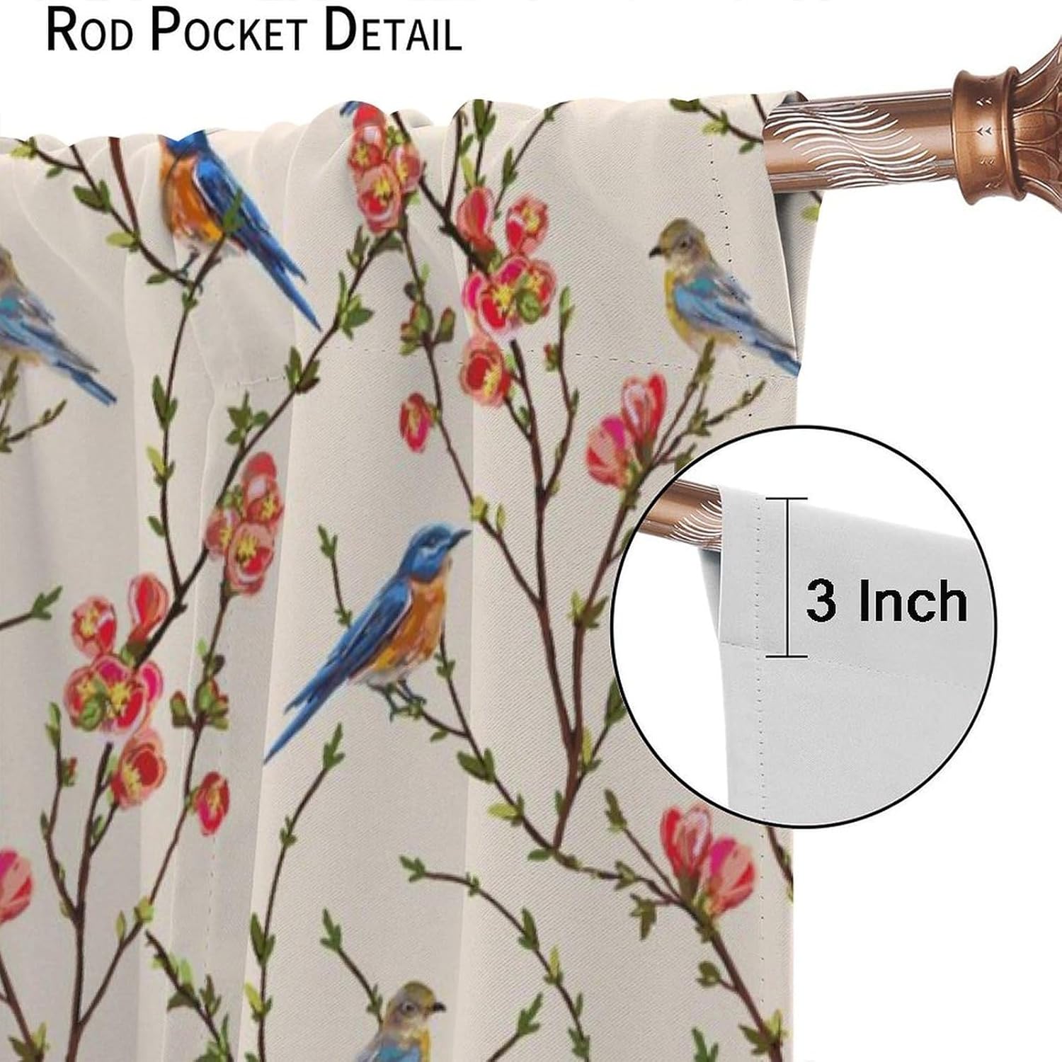 Vintage Bird Curtains Branch Cherry Flower Art Printed Blackout Window Drapes for Bedroom Living Room Kitchen Decor Fabric Set 2 Panel 42x54 Inch 80% Shading Rate