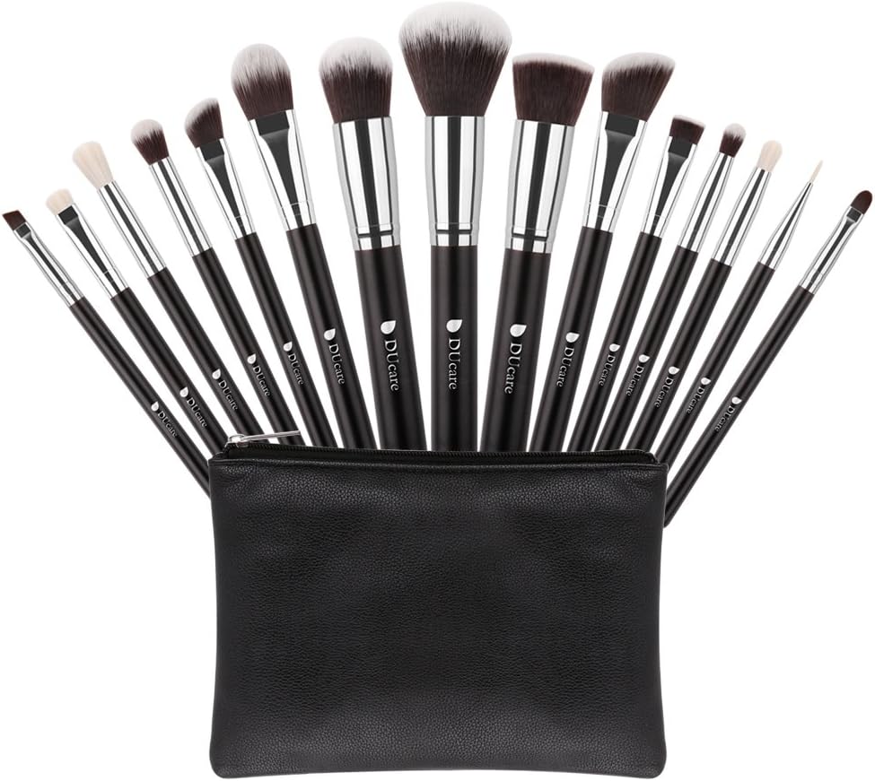 DUcare Makeup Brush Set Professional Foundation Face Powder Eyeshadow Blending Brush Tool with Leather Bag (15pcs, Black/Silver)