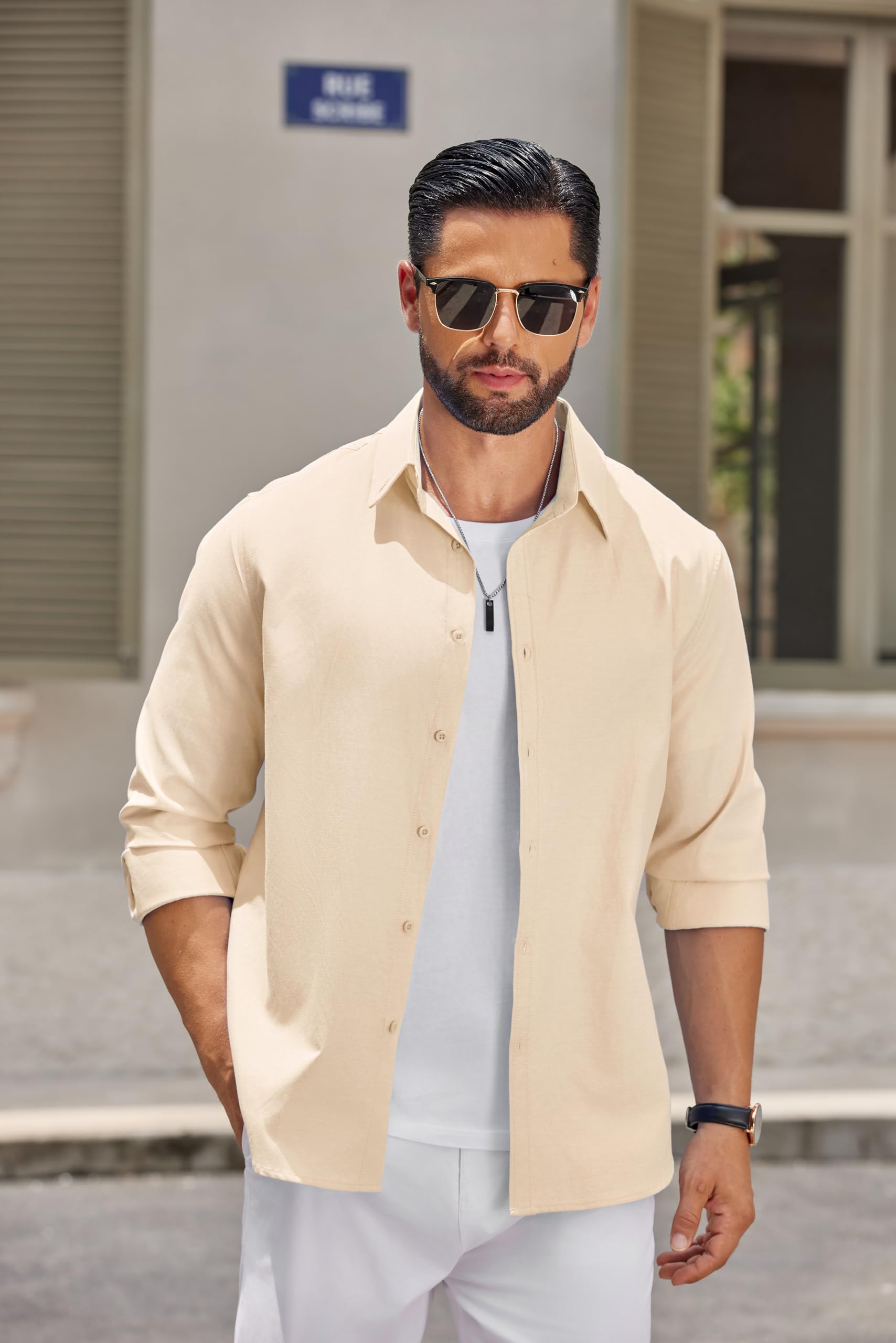 COOFANDY Camicia da Uomo in Cotone a Maniche Lunghe vestibilità Regolare Button-Down Formale Casual da Lavoro