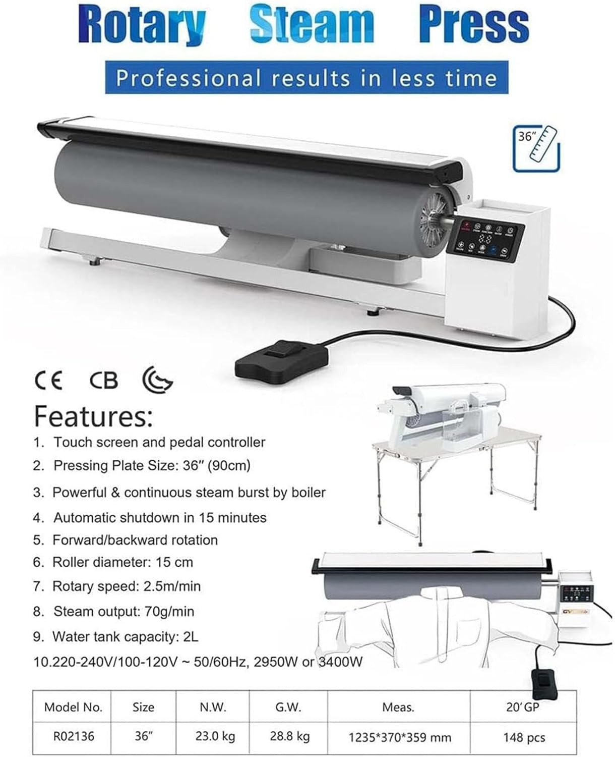 Rotary Steam Press Machine with LED Touch Screen, Heavy Duty Steam Iron Press for Clothes, Continuous Steam Fabric Steamer