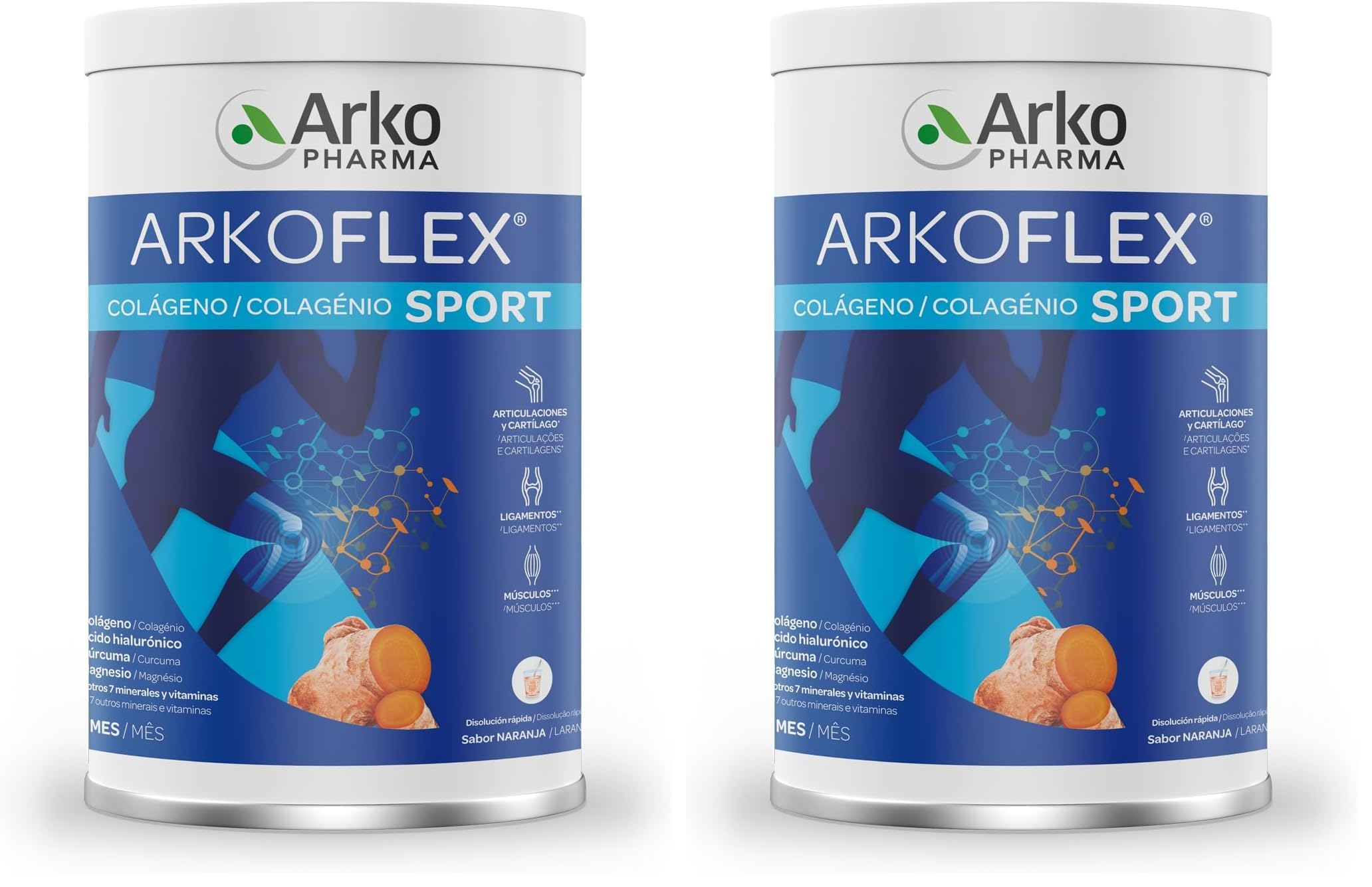 Arkopharma Arkoflex Colágeno Sport, Colágeno Hidrolizado, Sabor Naranja, Bote 390 gr, Articulaciones, Huesos y Músculos, Ácido hialurónico, Magnesio, Manganeso, Cúrcuma y Vitaminas (Paquete de 2)