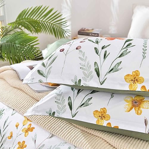 Miniatura 7 de Juego de funda de edredón floral tamaño individual  Juego de funda de edredón de microfibra con estampado botánico de flores amarillas y hojas