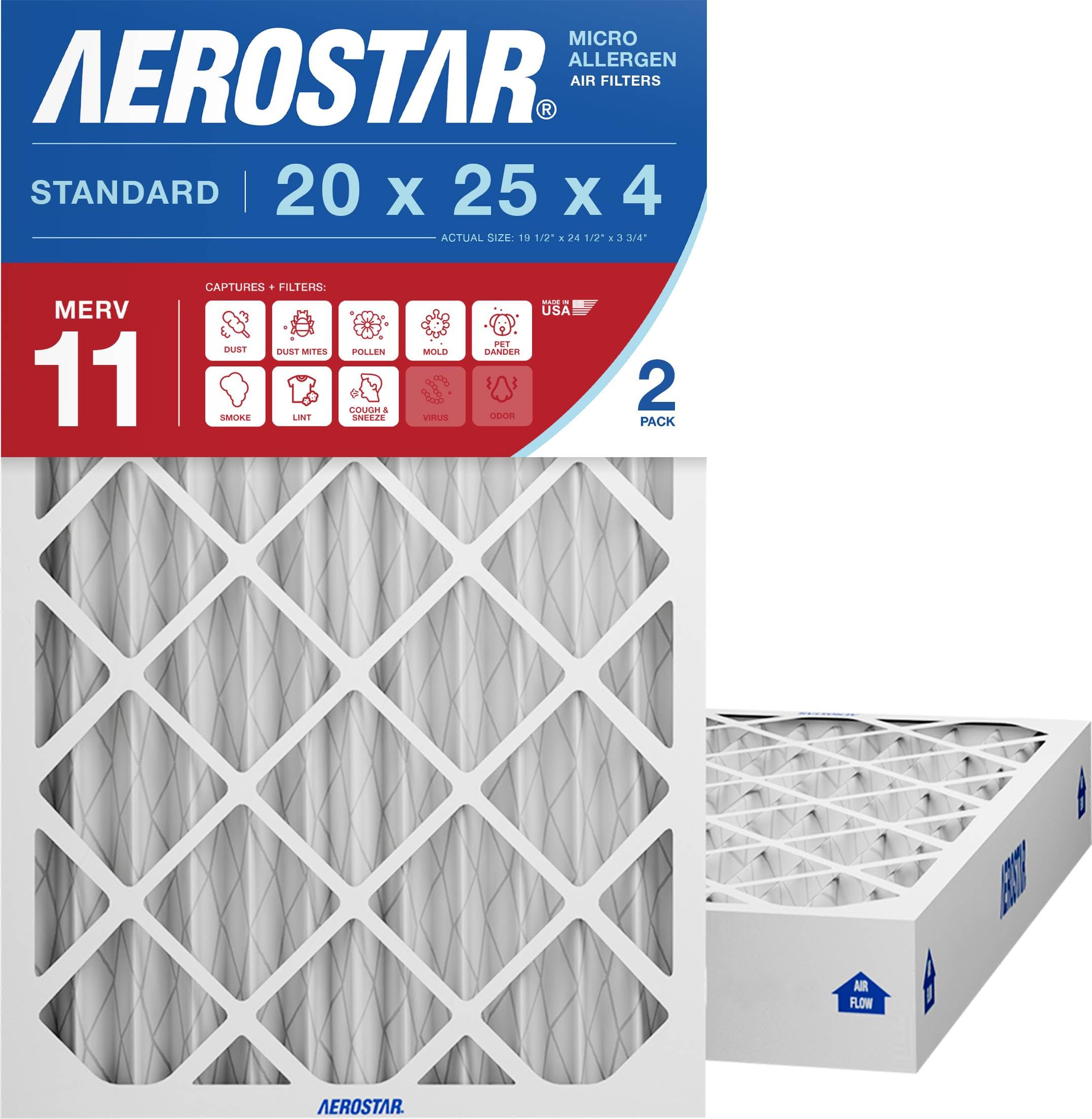 Aerostar 20x25x4 MERV 11 Air Filter, 2 Pack Set of HVAC Furnace Filters, Electrostatic MPR 1000-1200 & FPR 7 (Actual Size: 19 1/2 x 24 1/2 x 3 3/4 inches) 2 PACK Advanced MERV 11