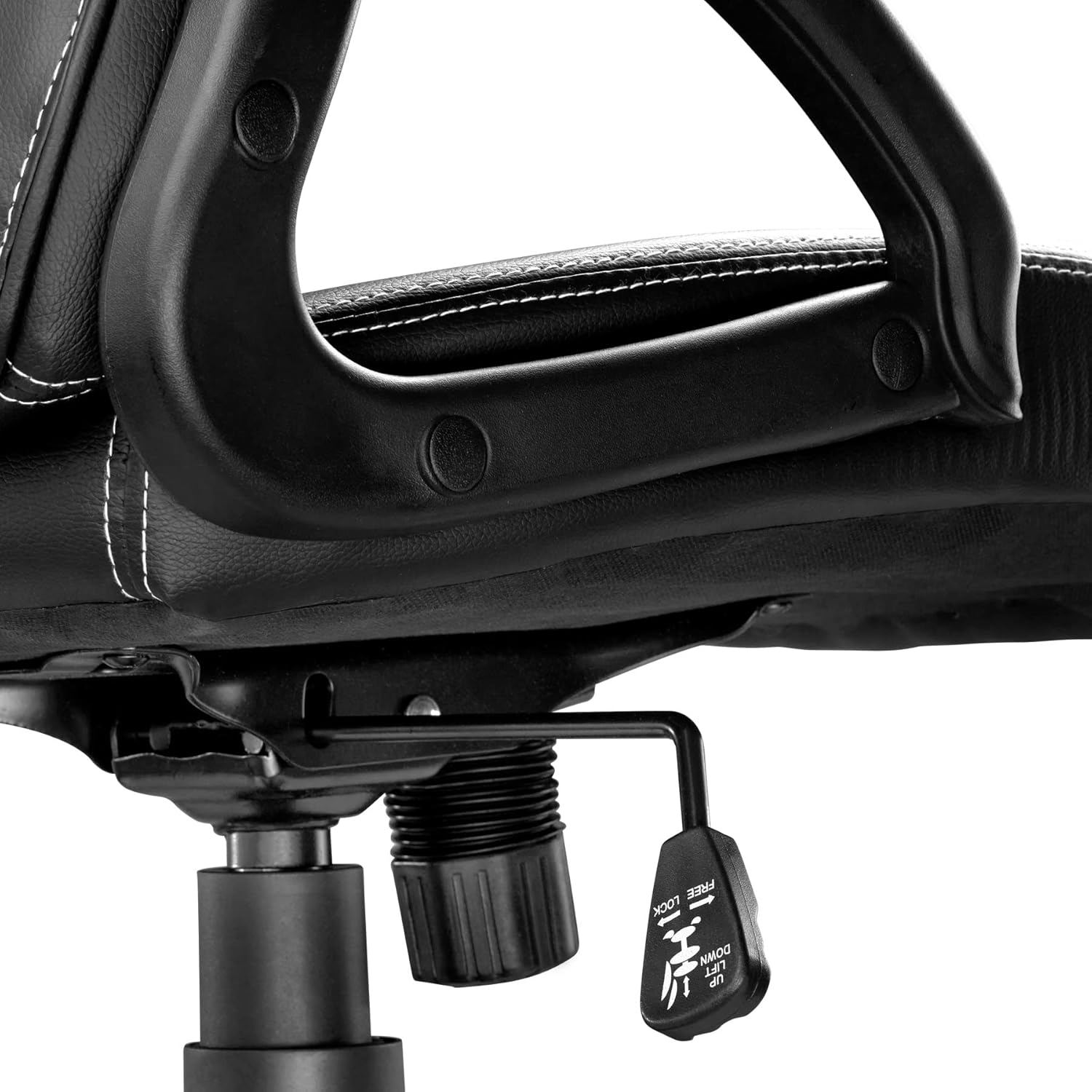 Close-up of the chair's adjustment levers and tilt tension knob