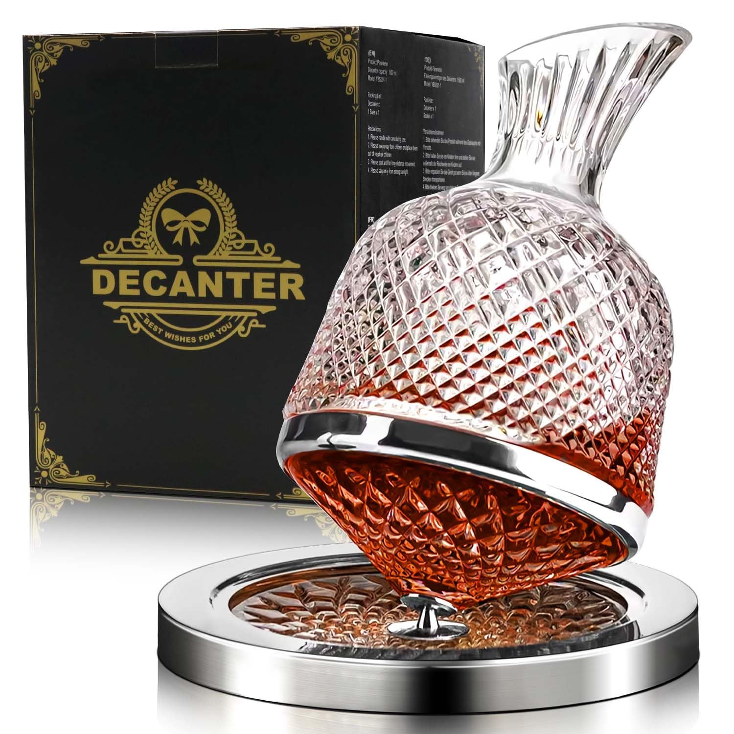 Decanter per Vino,Whisky da 1,5L, Caraffa in Vetro cristallo con rotazione a 360°, senza piombo, con confezione regalo per uomini e donne