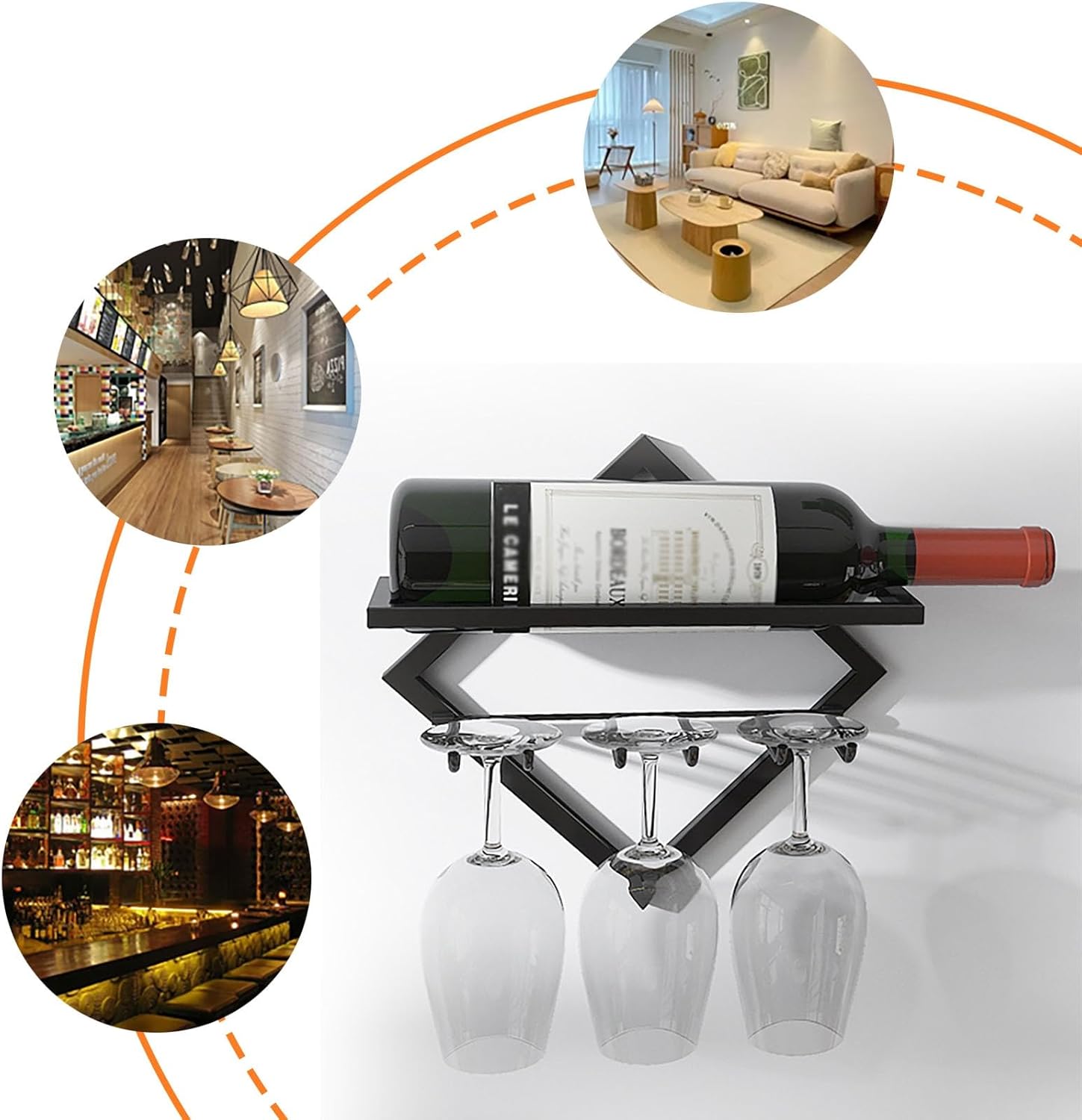 Wall Mounted Wine Rack,Iron Bar Liquor Shelf,Floating Wall Wine Shelves,Stylish Wine Glass Holder & Wine Bottle Display,Wine Shelf Hanging Floating Wall Shelves,for Living Room,Din