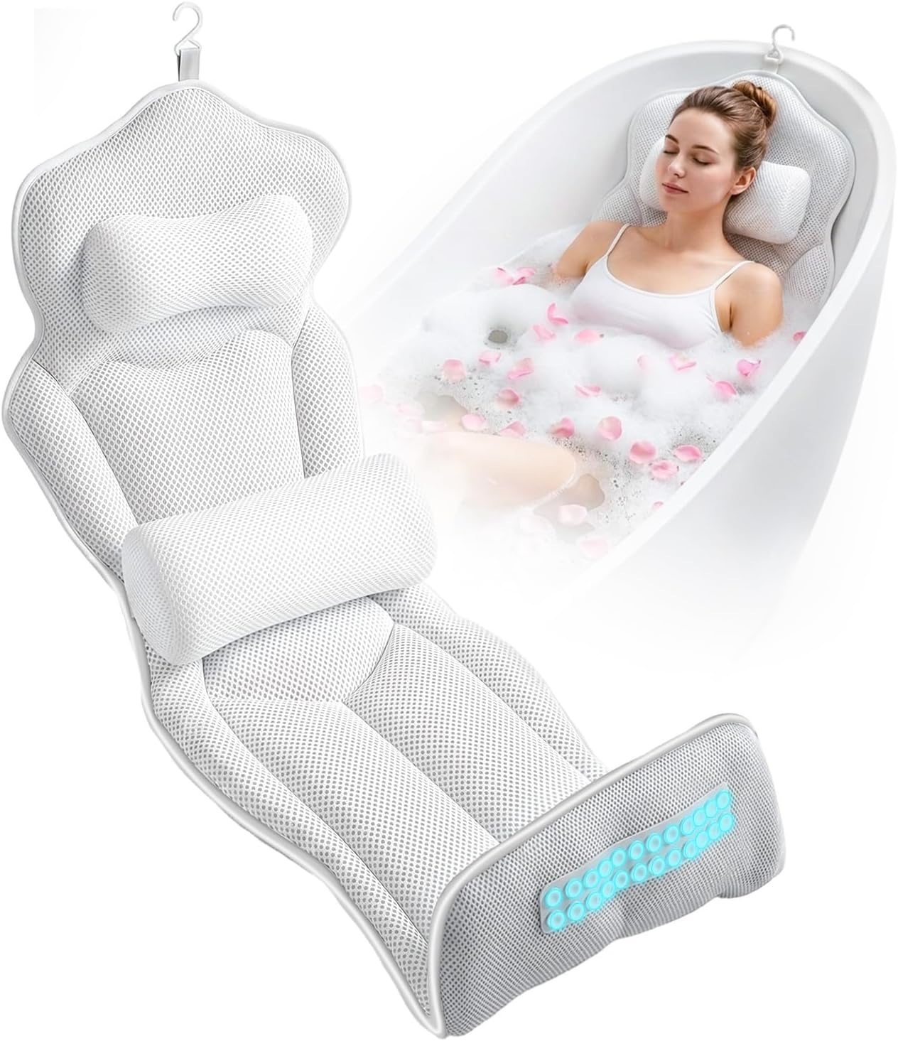 Full Body Bath Pillow for Bathtub,Thick Bathtub Cushion Mat with Neck,Adjustable Lumbar Support,Non-Slip Suction Cups,Quick Dry 5D Mesh Tub Pillow for Home Spa Relaxation