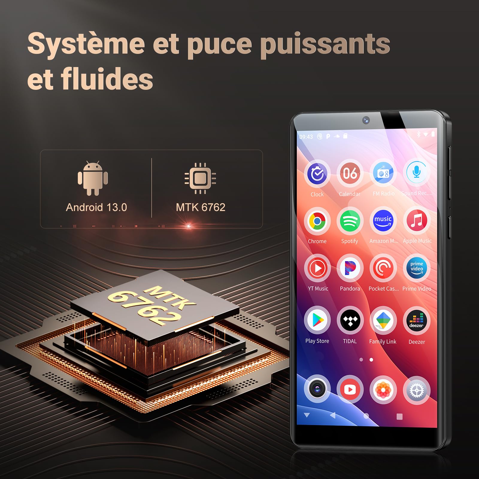 128Go Lecteur MP3 avec WiFi Bluetooth et Caméra, RAM: 4Go, Oilsky Android 13.0 Lecteur de Musique MP3 Spotify avec Haut-Parleur, 5,5'' MP4 écran Tactile 1080P