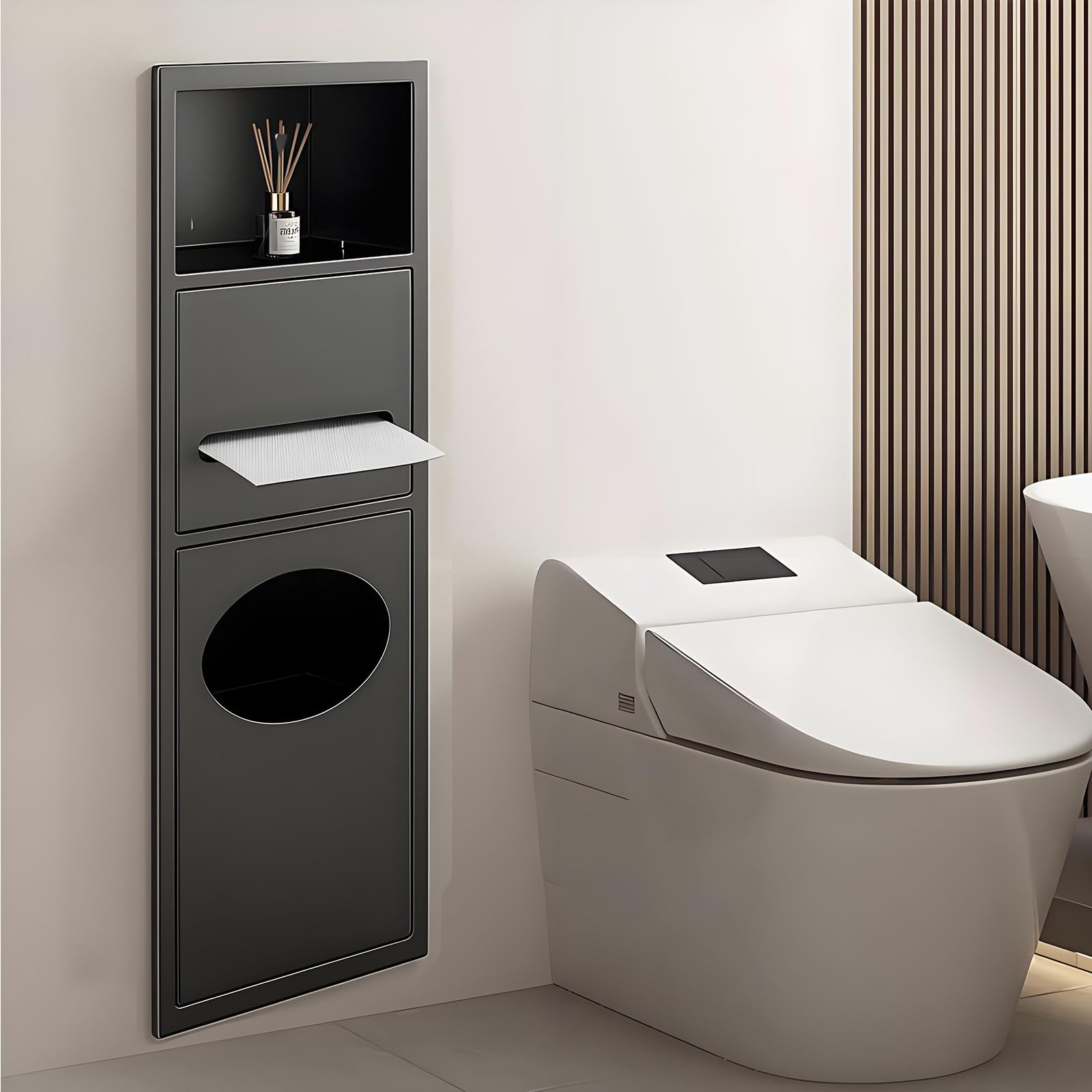 Recessed Toilet Paper Holder with Built-In Trash Can, Space-Saving Rack, Waterproof Organizer for Bathroom