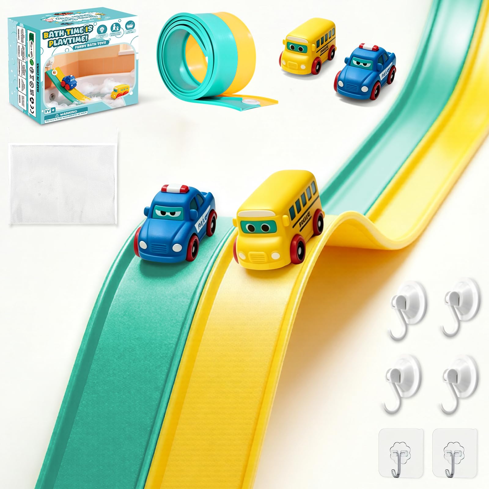Bath Toys, 1.55M Flexible Bathtub Race Track Set with 2 Mini Cars Suction Cups Adhesive Hooks & Mesh Storage Bag, Portable Car Racing Bath Track Game Bathtub Water Toy for Boys Girls Ages 3+