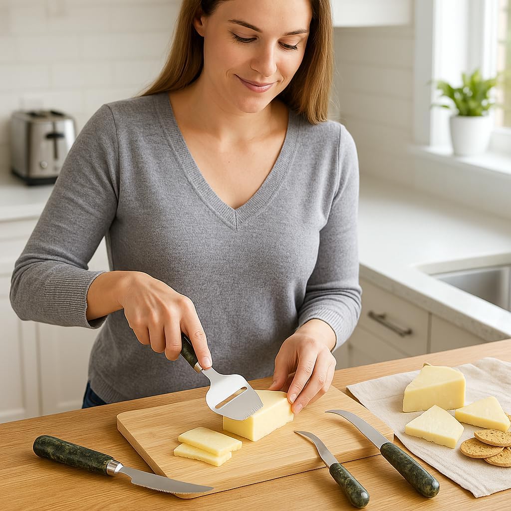 Creative Home Luxury Taiwanese Jade Marble Handle Cheese Knife Set – 2-Piece Stainless Steel Cheese Cutter & Slicer – Handcrafted Elegant Design for Wine & Cheese Lovers